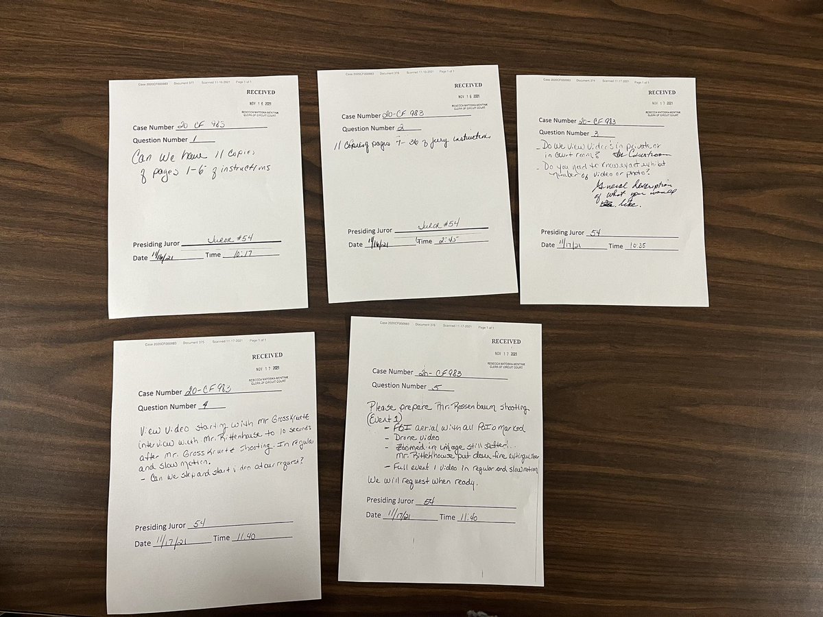 CharlieDeMar's tweet photo. Copies of the 5 juror questions that have been submitted to the court. 

The request to see the  drone video again is what led to defense asking for a mistrial. @cbschicago #RittenhouseTrial #RittenhouseVerdict #rittenhouse https://t.co/Jkv7ZwpAZs