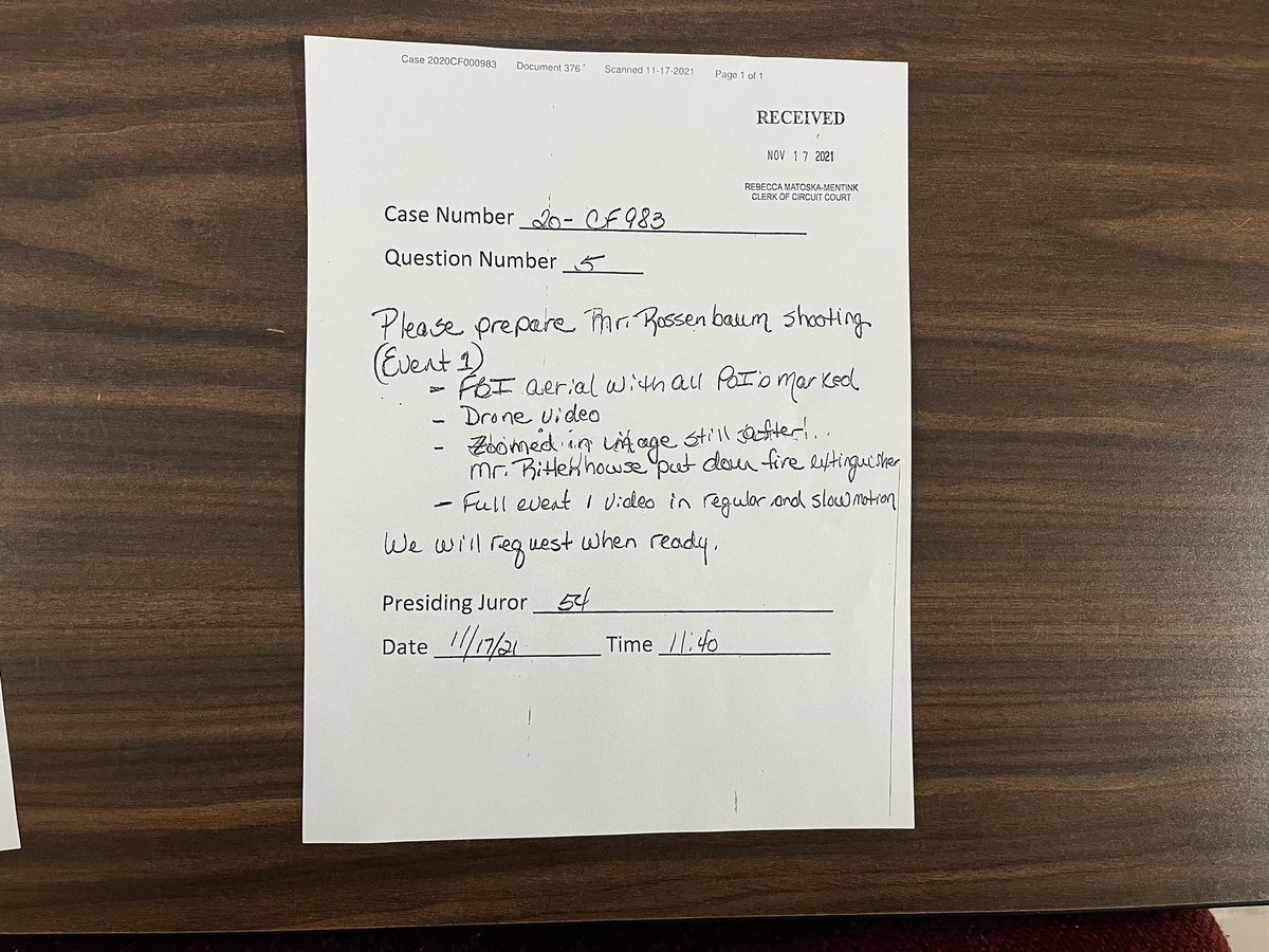CharlieDeMar's tweet photo. Copies of the 5 juror questions that have been submitted to the court. 

The request to see the  drone video again is what led to defense asking for a mistrial. @cbschicago #RittenhouseTrial #RittenhouseVerdict #rittenhouse https://t.co/Jkv7ZwpAZs