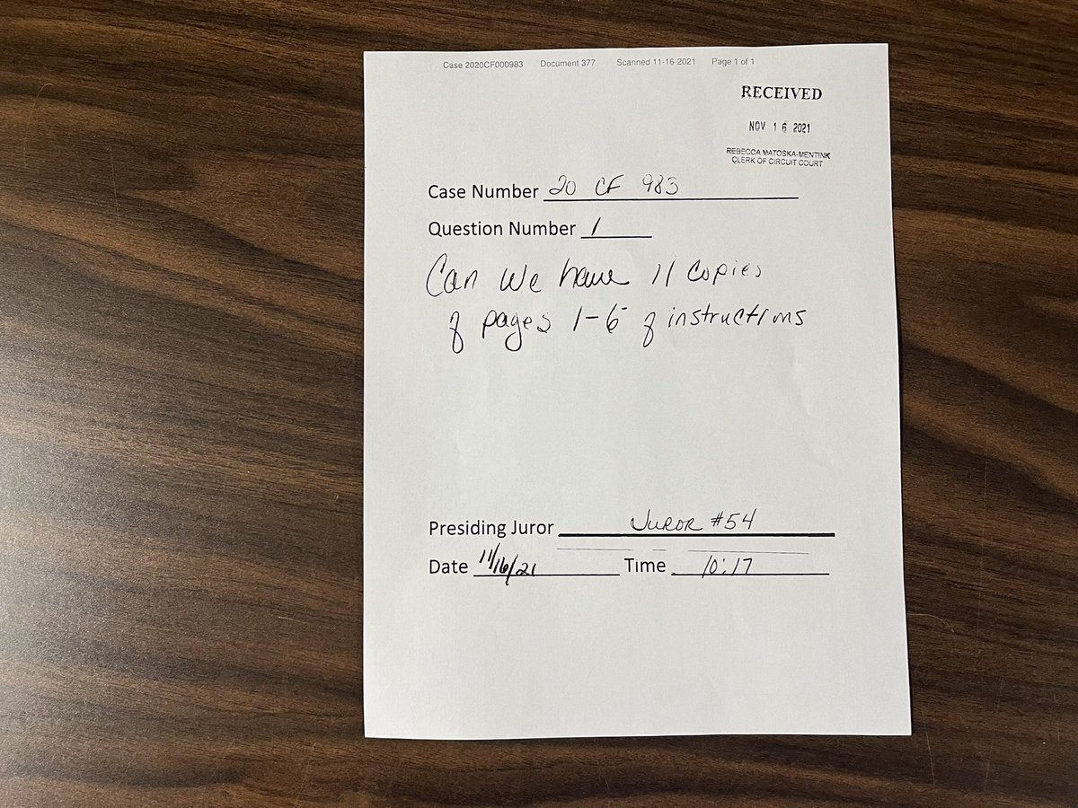 CharlieDeMar's tweet photo. Copies of the 5 juror questions that have been submitted to the court. 

The request to see the  drone video again is what led to defense asking for a mistrial. @cbschicago #RittenhouseTrial #RittenhouseVerdict #rittenhouse https://t.co/Jkv7ZwpAZs