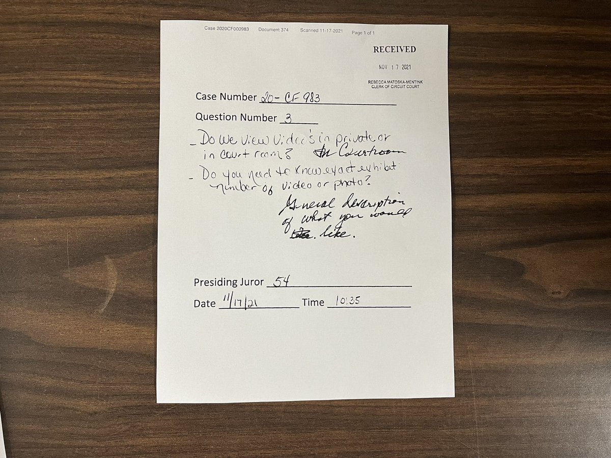 CharlieDeMar's tweet photo. Copies of the 5 juror questions that have been submitted to the court. 

The request to see the  drone video again is what led to defense asking for a mistrial. @cbschicago #RittenhouseTrial #RittenhouseVerdict #rittenhouse https://t.co/Jkv7ZwpAZs