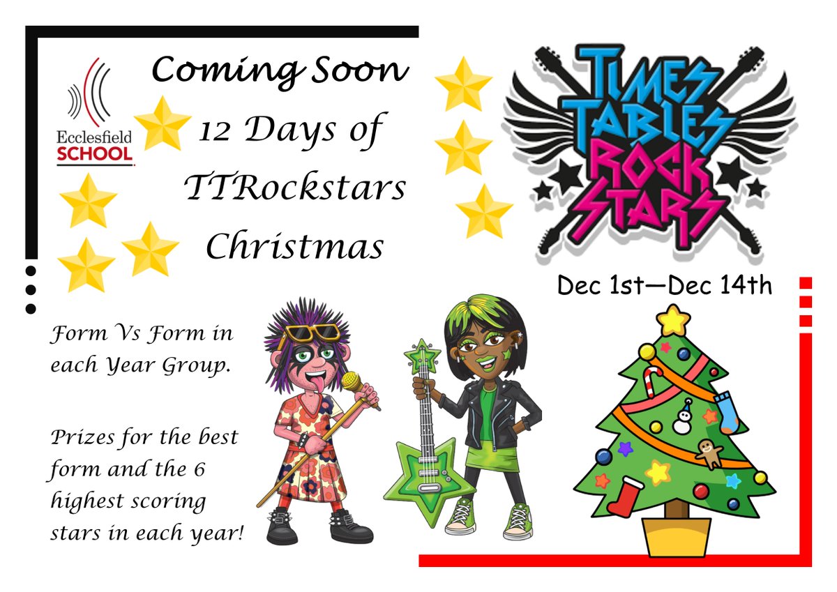 Coming Soon, the 12 Rocking days of Christmas!! TTRockstars from Dec 1st.  Form Vs Form, the highest average score wins!!  Prizes for the best form group and the 6 highest scoring MVPs in each year group.