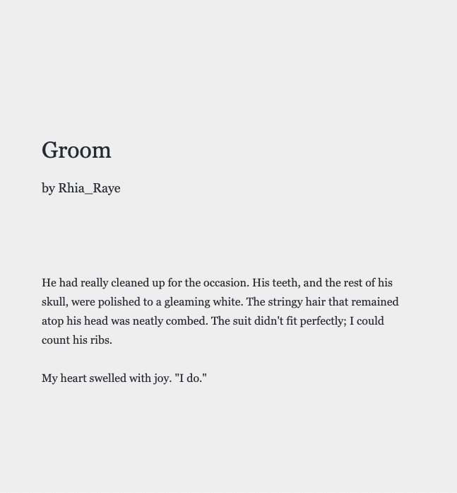 uncookd_'s tweet photo. Groom by Rhia_Raye
A prompt from the Writeober 2021 challenge on Instagram.
Read it on uncookd.
https://t.co/V5V8OniVzh
#WritingCommunity #writerscommunity #writerslift #microfiction #horror #50wordfiction #writeober https://t.co/E2hHGK86wS