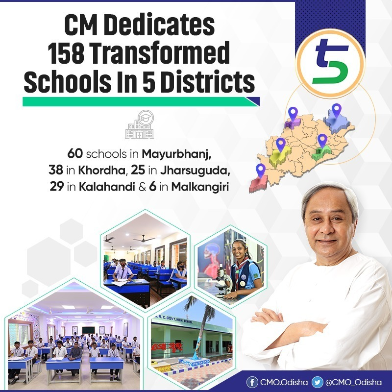 CMO_Odisha's tweet photo. CM @Naveen_Odisha dedicated 158 high schools transformed under the #5T framework. These include 60 schools in Mayurbhanj, 38 in Khordha, 25 in Jharsuguda, 29 in Kalahandi &amp; 6 in Malkangiri. As part of the initiative, 1075 schools will be transformed in first phase. https://t.co/AOnwrNWj1g