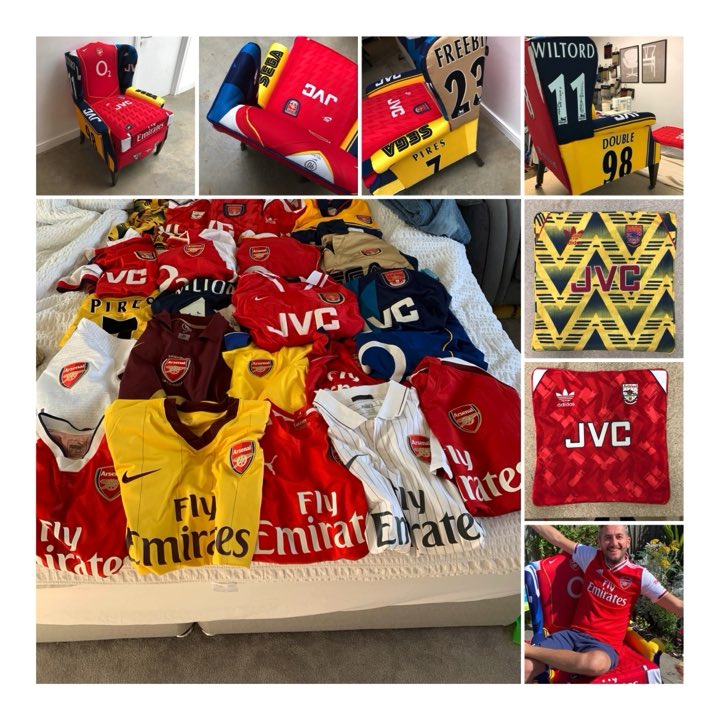 DPR_14's tweet photo. @Arsenal @emilesmithrowe @Auba @LacazetteAlex What do you do when your folks return your shirt collection during lockdown - create the chair of champions of course ! 👕 🪑 ⚽️ https://t.co/N1yv075olu