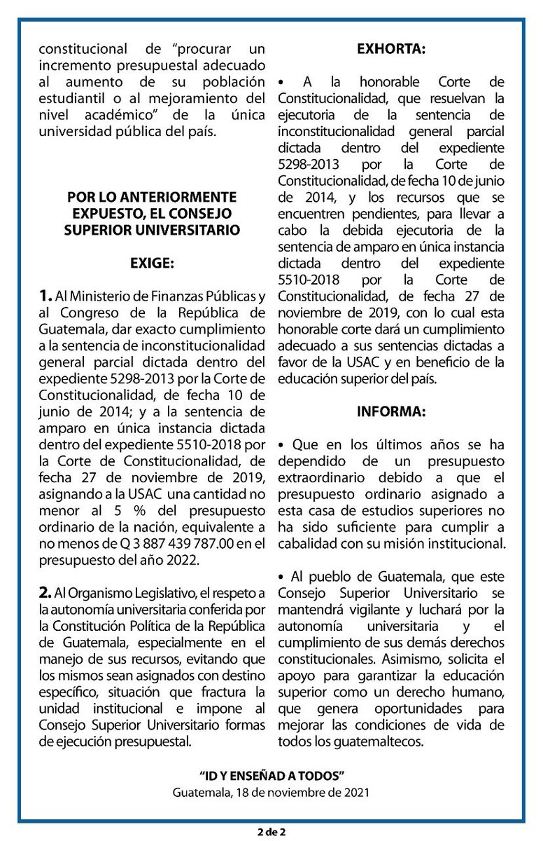 Universidad de San Carlos de Guatemala #USAC (@infousac) on Twitter photo La Universidad de San de Guatemala #USAC demanda el cumplimiento a las leyes y exige la asignación presupuestaria necesaria para el fortalecimiento a la educación superior.
#Presupuesto2022 <a href="/CC_Guatemala/">CC Guatemala</a> <a href="/MinfinGT/">Ministerio de Finanzas Públicas</a> <a href="/CongresoGuate/">Congreso Guatemala</a> La Universidad de San de Guatemala #USAC demanda el cumplimiento a las leyes y exige la asignación presupuestaria necesaria para el fortalecimiento a la educación superior.
#Presupuesto2022 <a href="/CC_Guatemala/">CC Guatemala</a> <a href="/MinfinGT/">Ministerio de Finanzas Públicas</a> <a href="/CongresoGuate/">Congreso Guatemala</a>