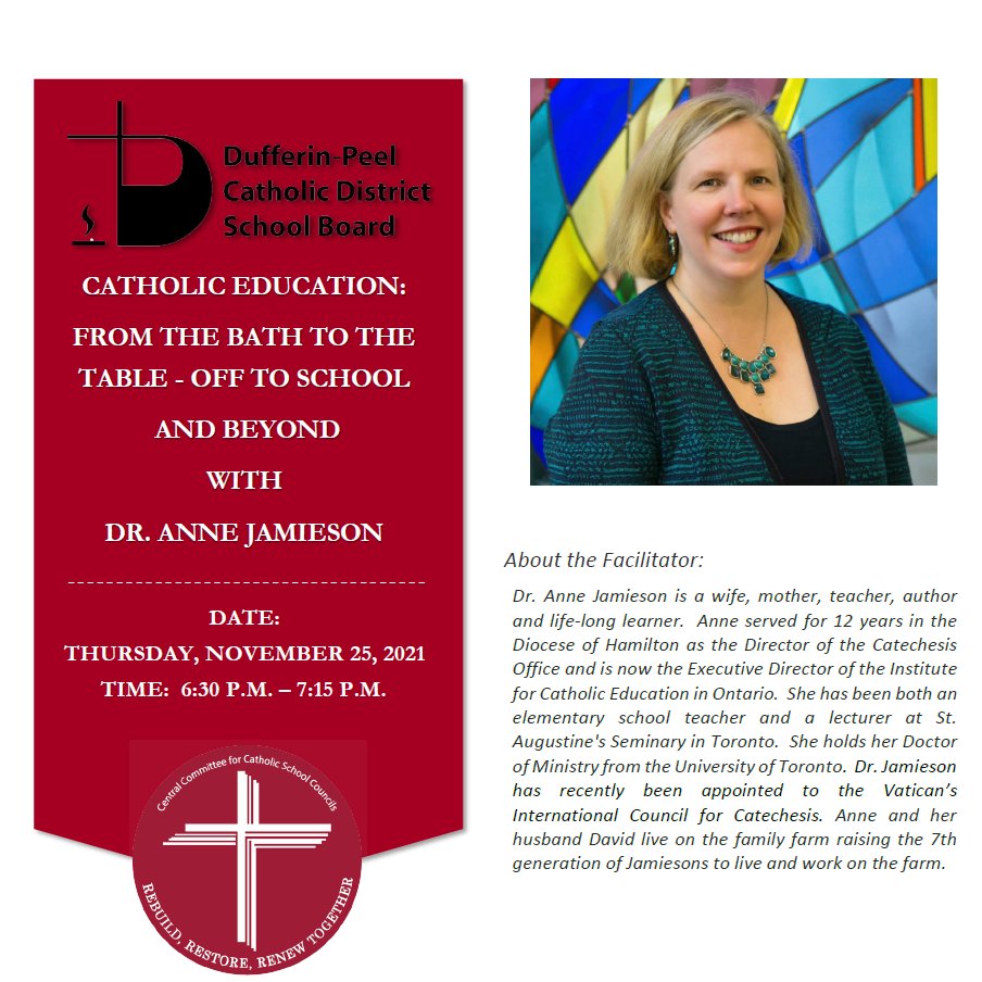 DPCDSBSchools's tweet photo. Join Dr. Anne Jamieson and @CCCSC_DPCDSB for a parent/guardian engagement webinar on Thursday, November 25, 6:30 pm - 7:15 pm. 

➡More information and how to join: https://t.co/hYocSS15Sr https://t.co/bNS498WUvZ