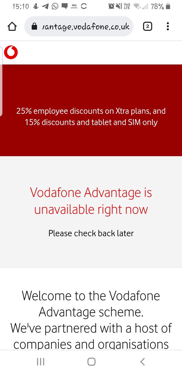 nathanacj's tweet photo. @VodafoneUK Hi, I've been trying to take out a new contract via the advantage discount but after going through the "I'm ready" link it keeps saying on the next page its unavailable, it has been like this for a few days now. Is there a work around? Cheers https://t.co/kO55yyNMEw