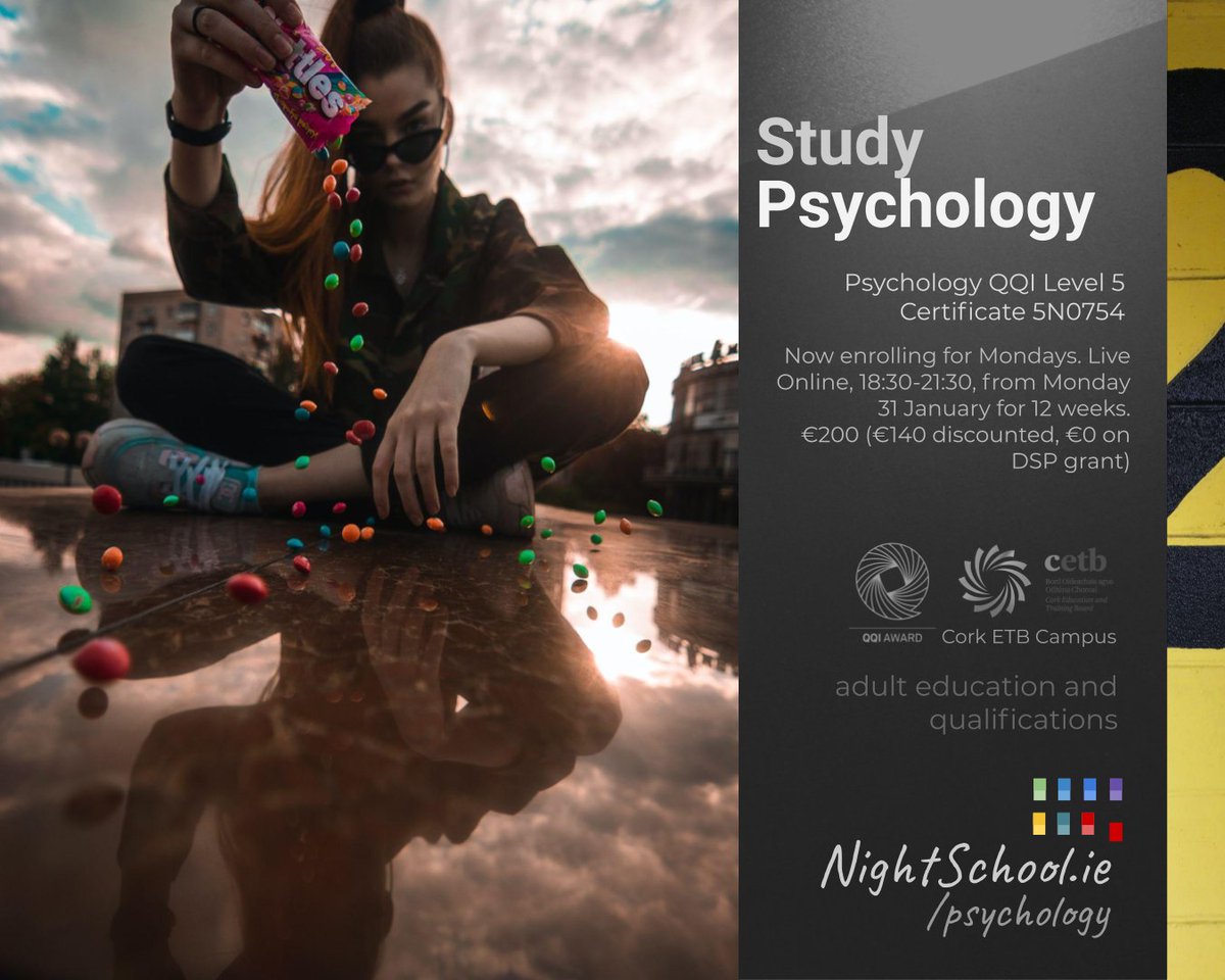 Psychology QQI Level 5 Certificate 5N0754.

nightschool.ie/psychology

Professional qualifications, study at home, expert tuition, online classes and resources: Live Online, 18:30-21:30, from Monday 31 January for 12 weeks. €200