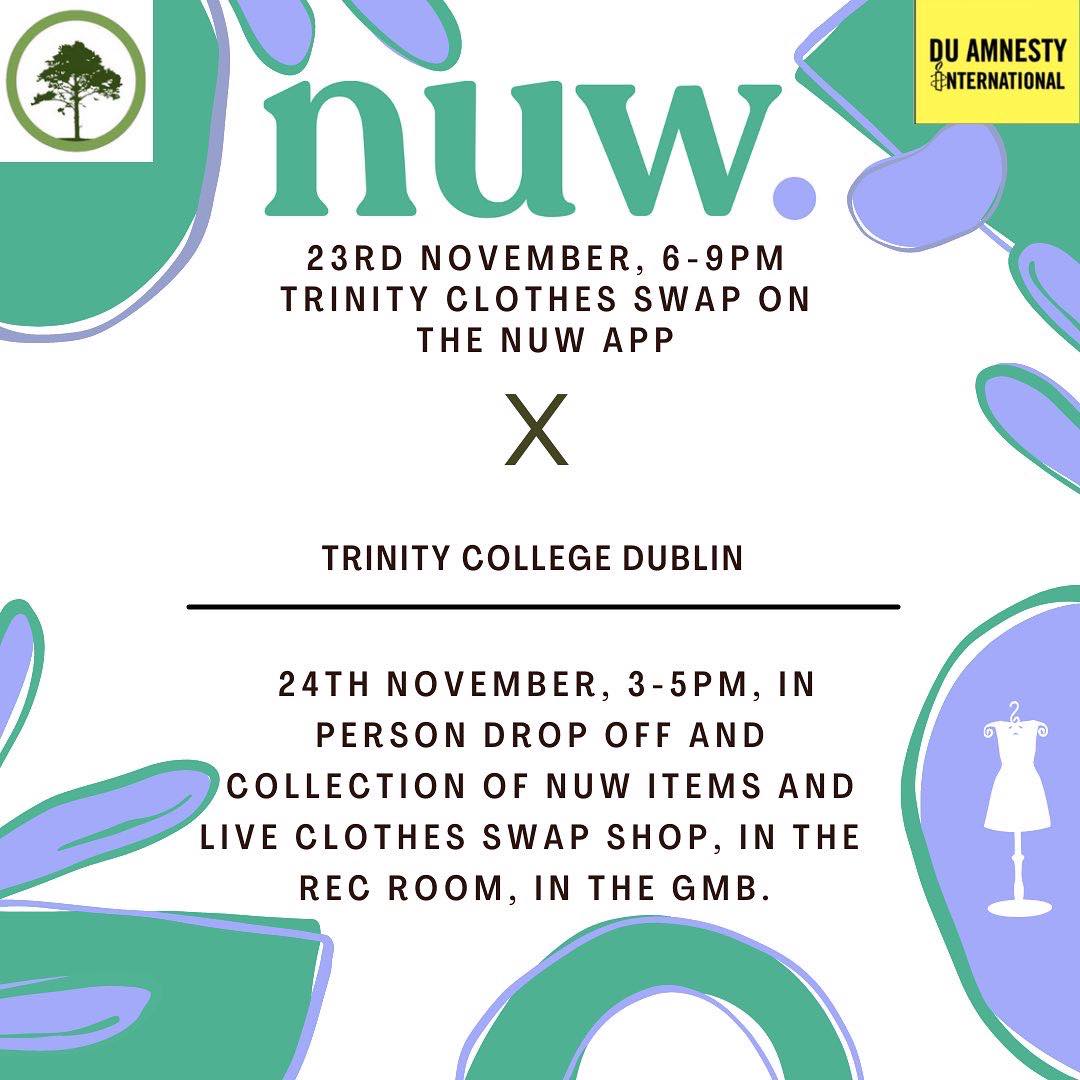 *SWAP SHOP*
Tuesday 23RD November 6-9pm: TRINITY CLOTHES SWAP on the <a href="/wearenuw/">Nuw.</a>  app 👚🧢

Wednesday 24TH November, 3-5pm: IN PERSON DROP OFF AND COLLECTION of <a href="/wearenuw/">Nuw.</a>  items and LIVE clothes swap shop, in the rec room ( which is upstairs) in the GMB. 🧣👗