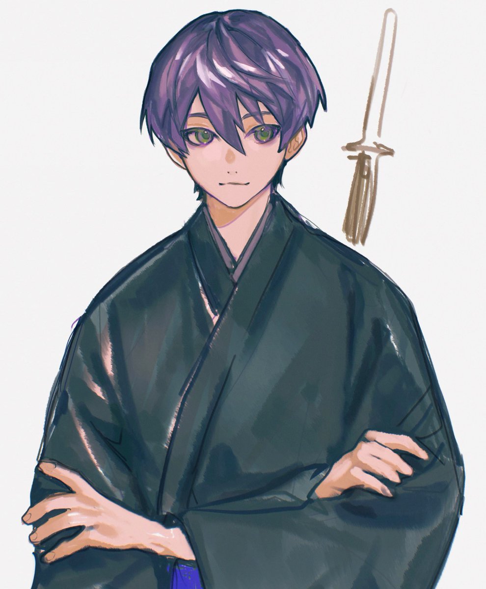 1boy male focus solo japanese clothes purple hair simple background green eyes  illustration images