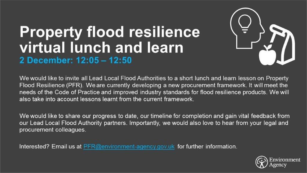 vikloumcc's tweet photo. Are you a Lead Local Flood Authority #LLFA? Have you delivered or are interested in delivering property flood resilience #PFR? We are inviting you to a short lunch and learn session on 2 December. Interested? Email PFR@environment-agency.gov.uk for more information https://t.co/Rx6VFgTC3u