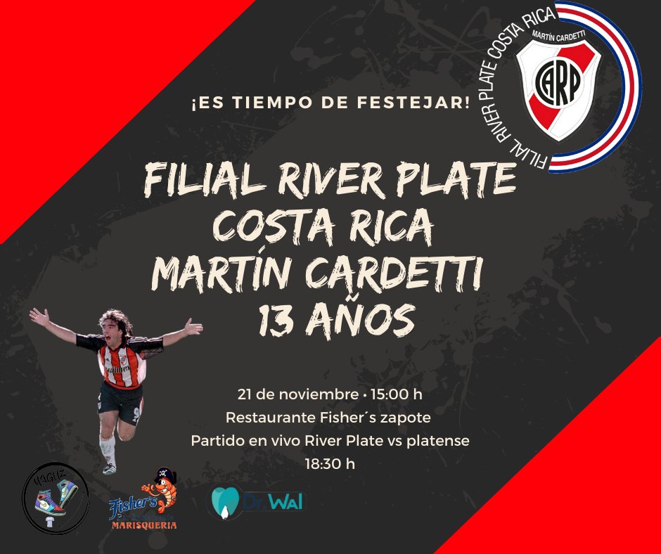 RiverPlateCR's tweet photo. Te esperamos este domingo 21 desde las 3:00 pm para celebrar los 13 años de la filial.
Después tendremos el partido de River Plate vs Platense 6:30 pm.
Restaurante y Marisquería Fisher´s contiguo al Gollo en Zapote.
#Riverplate #FIFRP #FRPCRMC #Fútbol https://t.co/Knt0n7LzIG