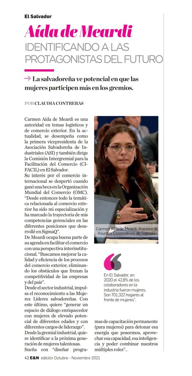 asielsalvador's tweet photo. Con mucho orgullo felicitamos a nuestra primer vicepresidenta ASI y Presidente Ejecutiva de CIFACIL, Carmen Aída de Meardi, por su liderazgo, trayectoria y excelencia, reconocida en la 5a edición #MujeresDesafiantes2021 de @Revista_EyN  a nivel regional #Pioneras #SínLímites https://t.co/htvXFsYa1K