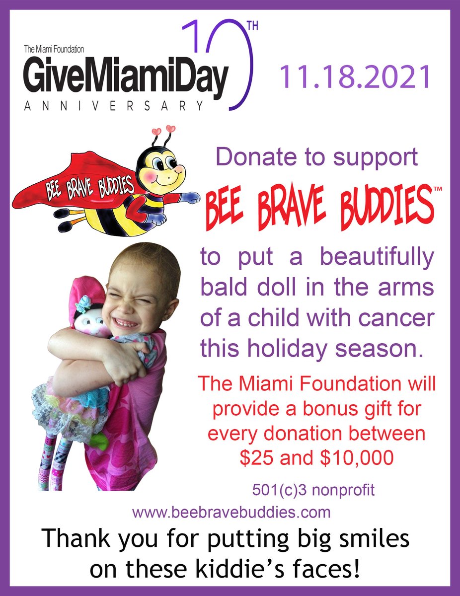 Please support Bee Brave Buddies givemiamiday.org/beebravebuddies during #GiveMiamiDay so we can give as many of our brave children battling cancer, a free doll this holiday season to put a big smile on their face. #beebravebuddies #childhoodcancer