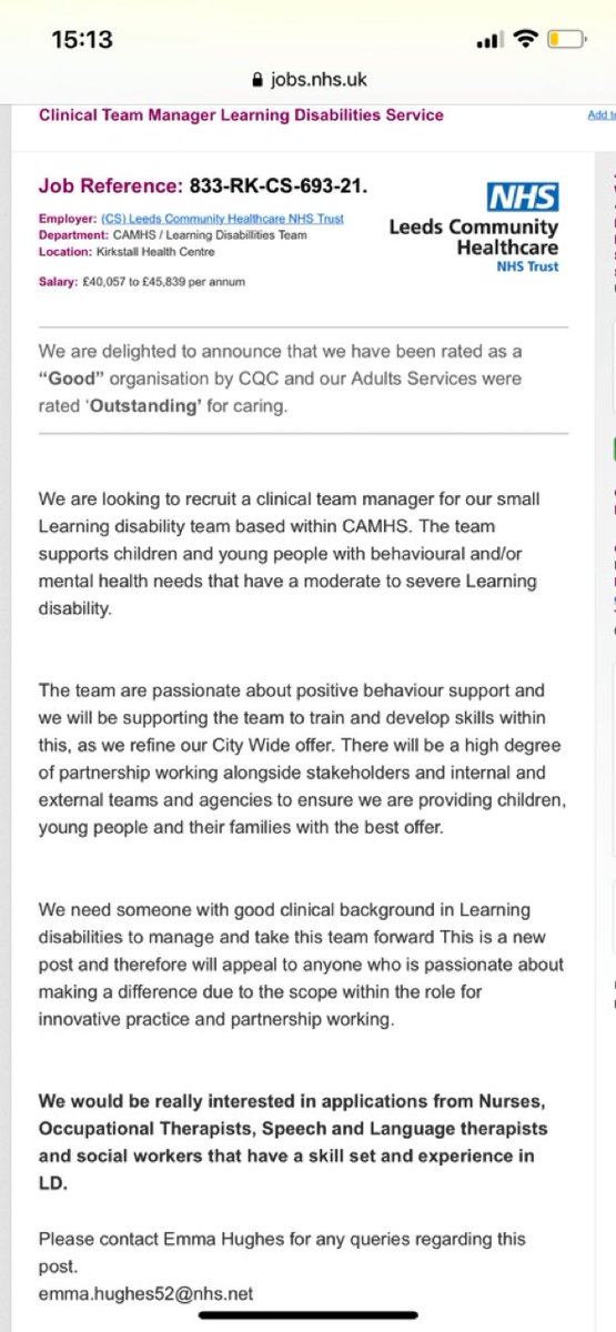 Clinical team manager post in Learning disability camhs. Exciting opportunity for the right person to work across organisations <a href="/LCHNHSTrust/">LCH NHS Trust</a> <a href="/WeLDnurses/">WeLDNurses 💙</a> <a href="/bexchester/">Rebecca Chester MBE</a>