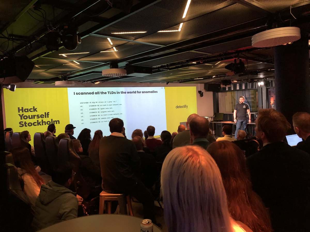detectify's tweet photo. Up on stage is @almroot telling us how he took over .cd last winter. #attacksurfacemanagement #gohackyourself #bugbountytips https://t.co/7sblfT6u4A