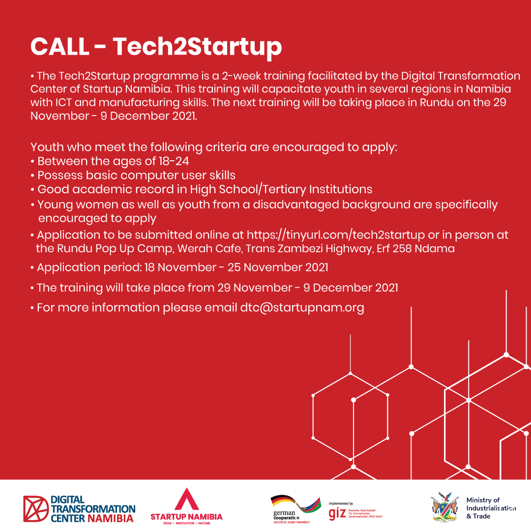startupnam's tweet photo. CALLING ALL YOUTH IN RUNDU!

We will be hosting our next Tech2Startup programme in Rundu on the 29 November - 9 December 2021. Applications are now open!
Apply here:
https://t.co/jHiRMl6V8i

#HelloStartUps #Basecamp #ThinkOutside #DTC https://t.co/wr8410XUPc