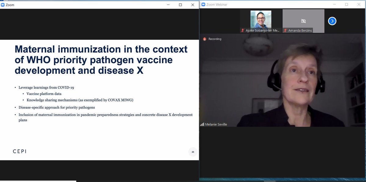 #Maternalimmunization should be included in pandemic preparedness strategies and concrete disease X development plans says Melanie Saville at the #COVAX Maternal Immunization Webinar <a href="/CEPIvaccines/">CEPI</a>  #COVID19  #pandemicpreparedness <a href="/GatesHealth/">Gates Health</a>