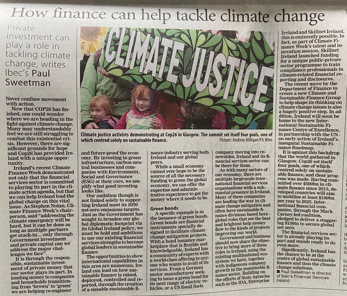 ibec_irl's tweet photo. In a special opinion piece in the Irish Examiner, Director of Financial Services Ireland Paul Sweetman details how the financial services sector can play a crucial role in enabling Ireland to reach its climate action targets.
#FSIreland #Sustainability #COP26 https://t.co/GCiG9BCutB