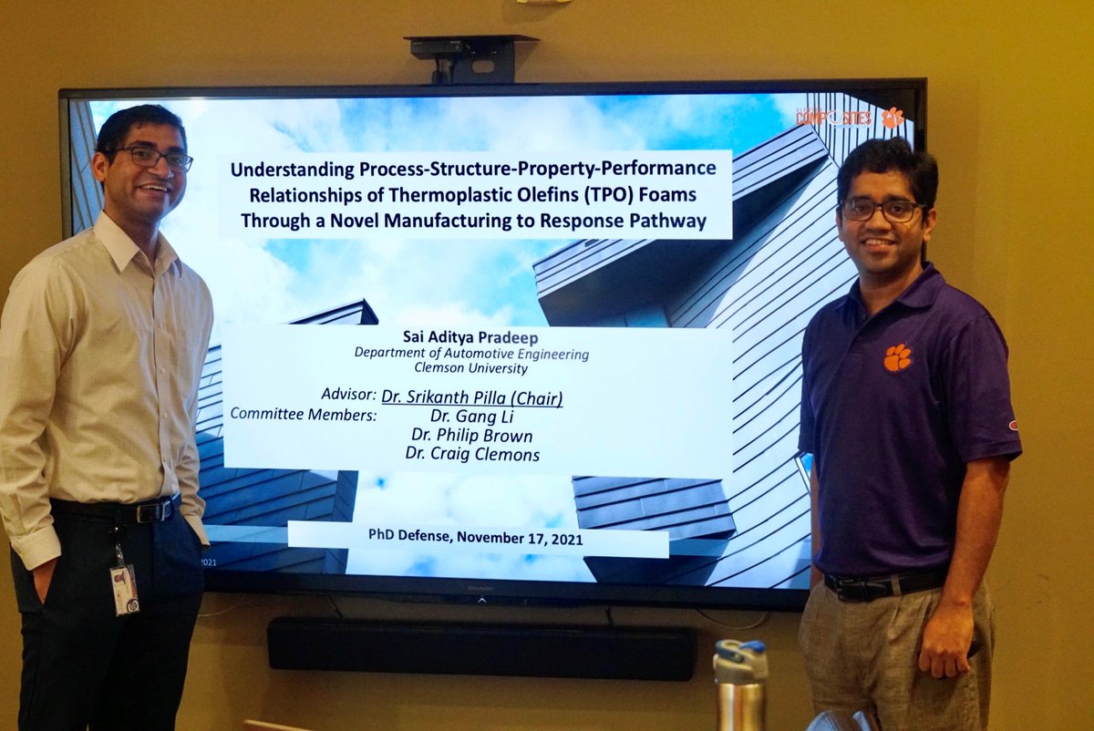PillaLab's tweet photo. Many congratulations to Dr. @Saiaditya for a successful Ph.D. dissertation defense! His outstanding dissertation research was on lightweight foams for automotive applications. He becomes the 10th Ph.D. graduate of @pillalab. Well done! https://t.co/4HwbTOSA58