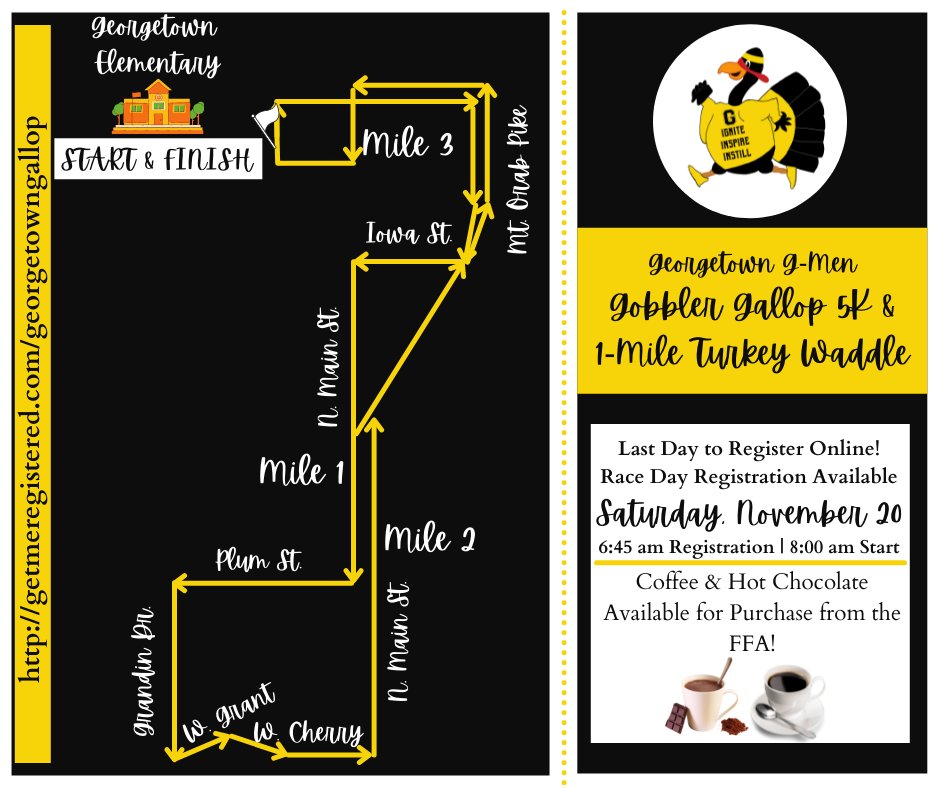 Don't miss out - today's the last day to register online! If you live on the race route, we hope to see you cheering our gobblers down the streets. 
getmeregistered.com/georgetowngall…