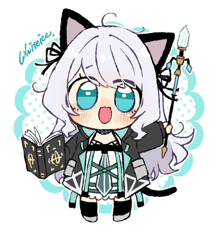 1girl solo animal ears chibi cat ears holding book  illustration images