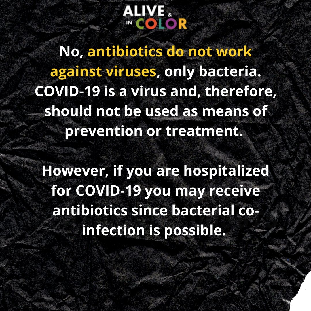 It’s #AntibioticAwarenessDay 

While antibiotics are a powerful tool against many ailments, there are some things that are beyond it’s treatment, like COVID. SWIPE!

Need vax facts from people you can trust? Visit aliveandincolor.com

#Antibiotics #COVIDMyths #CovidTreatment