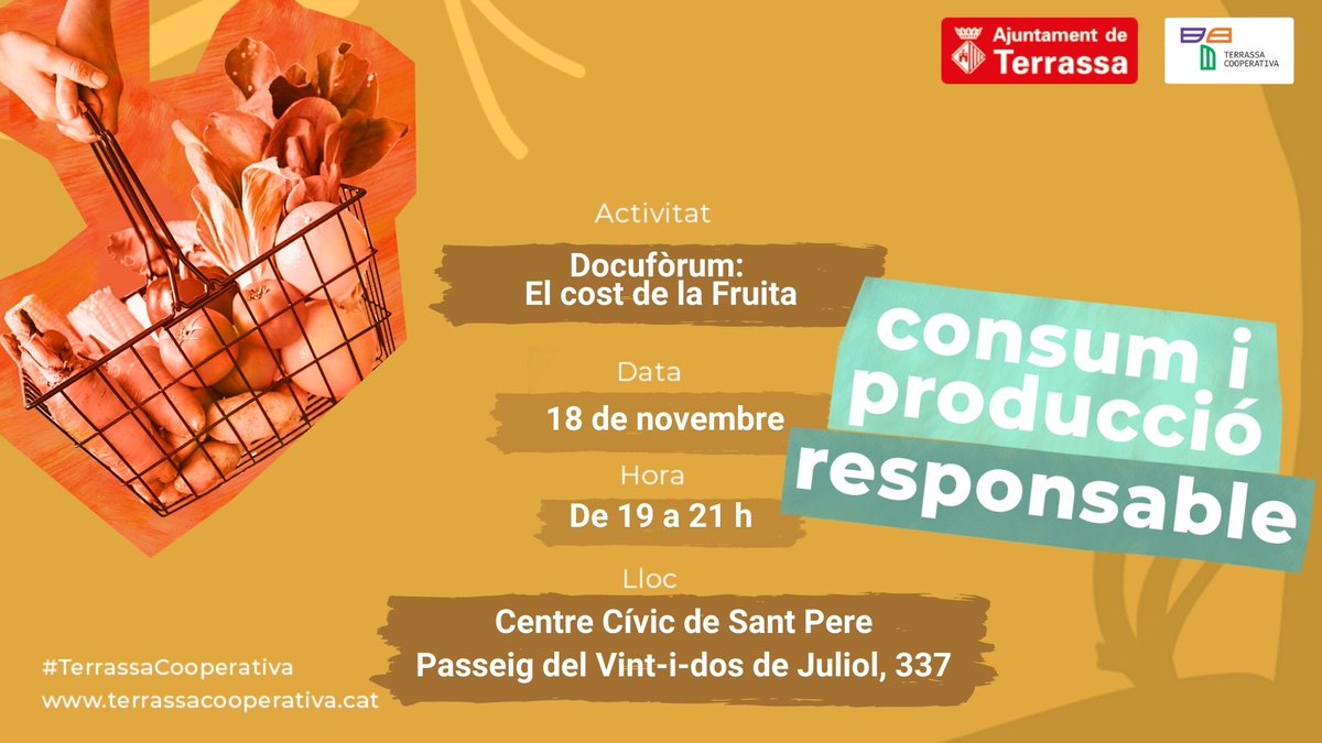 📢AVUI! Vine al docufòrum "El cost de la fruita", que mostra la cara més amarga de les campanyes de fruita al Baix Segre, i taula rodona amb la directora i productores de fruita.

🗓️18/11
⏰19-21h
📍CC. Sant Pere

👉ow.ly/Puir50GQZ5U
 #TerrassaCooperativa #ConsumResponsable