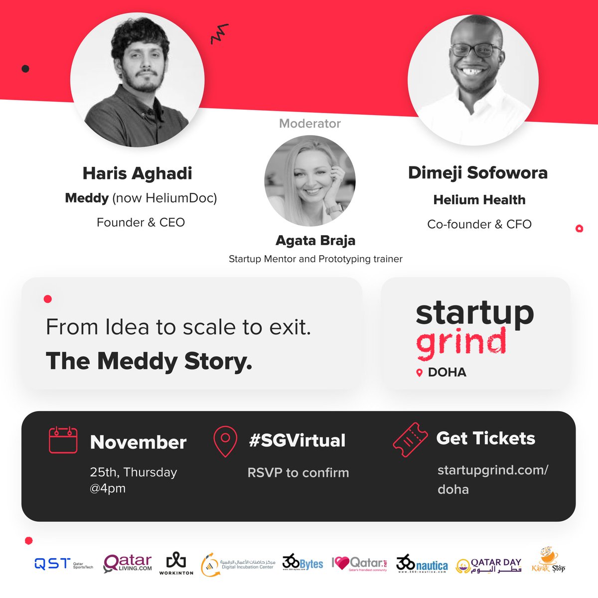 DohaGrind's tweet photo. Startup Grind is back with another event! We bring you The Meddy(now @HeliumDoc) Story and their recent acquisition by Africa-based health tech startup, @HeliumHealth.Join to learn more! 
🗓️Thursday, 25th November
🕓4 pm
📌 REGISTER- https://t.co/wjXcpEUN2u
#startup #acquisition https://t.co/3ScN9V5EvG