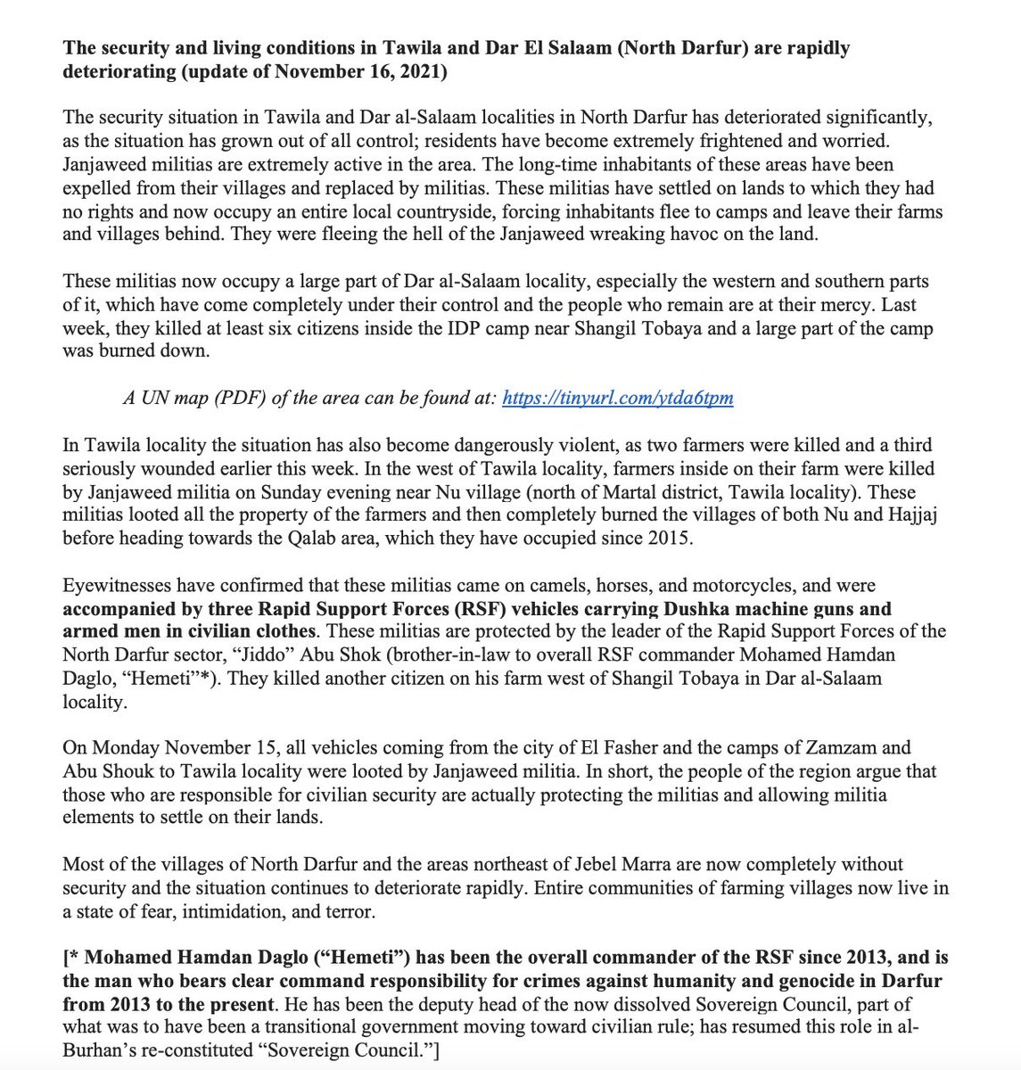 sudanreeves's tweet photo. Armed Arab militias continue to terrorize much of North #Darfur, killing, raping, and looting farms—and creating a large, desperate population of newly displaced persons, fleeing to camps like Abu Shouk and Zamzam. The update below derives from eyewitness accounts. https://t.co/72RcdM5MGM