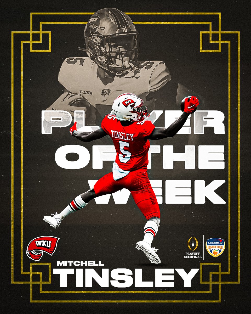 OrangeBowl's tweet photo. Mitchell Tinsley wins our Player of the Week for the Hilltoppers 🔥

@MitchTinsley15 dominated this weekend with 198 receiving yards and 2 TD's to get @WKUFootball a 42-21 win over Rice! https://t.co/NgErTzdlJG