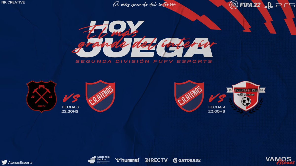 AtenasEsports's tweet photo. ✔️ 𝗙𝗲𝗰𝗵𝗮 𝟯 

🆚 @ExigirFCeSports 
🗓 18/11
🕑 22:30h
🏆 𝗦𝗲𝗴. 𝗗𝗶𝘃𝗶𝘀𝗶𝗼́𝗻 𝗙𝗨𝗙𝗩 

✔️ 𝗙𝗲𝗰𝗵𝗮 𝟰

🆚 @tyteSports 
🗓 18/11
🕑 23:00h
🏆 𝗦𝗲𝗴. 𝗗𝗶𝘃𝗶𝘀𝗶𝗼́𝗻 𝗙𝗨𝗙𝗩

𝙀𝙡 𝙢𝙖́𝙨 𝙜𝙧𝙖𝙣𝙙𝙚 𝙙𝙚𝙡 𝙞𝙣𝙩𝙚𝙧𝙞𝙤𝙧 🔵🔴 https://t.co/Rp2Gp29KN3