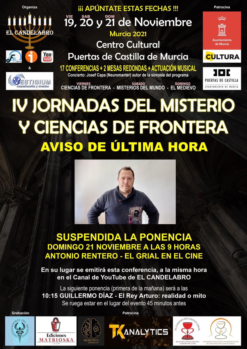 antoniorentero's tweet photo. Por cuestiones de agenda no podré estar en Murcia este domingo, así que mi charla

“La leyenda artúrica: Arturo, Excalibur y el Grial en el cine”

podréis seguirla desde el canal de YouTube del programa El Candelabro. Espero que os guste.

https://t.co/J89s2hYlJ3 https://t.co/DsQG8MoB2b