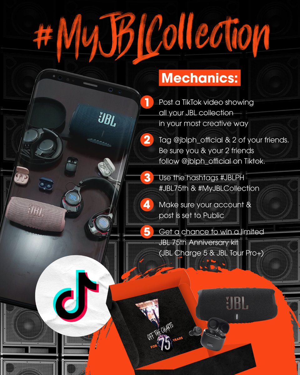 JBLPH's tweet photo. Show-off your prized JBL collection via TikTok and get a chance to win a limited JBL 75th Anniversary Kit!
Any TikTok mode, effect or filter is allowed.
JBL items should be real, authentic & not edited or added as an effect.
Ends on 11.27.2021
#JBLPH #JBL75th #MyJBLCollection https://t.co/VklBVolzOy