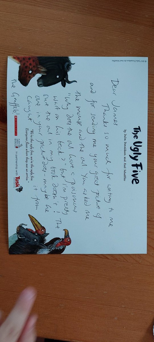 RhianT18's tweet photo. 2 years ago as part of his home learning, James was tasked with writing a letter to his favourite author, which he then posted. Well...today, he finally received a letter back 💖 #juliadonaldson #macmillanchildrensbooks @YCroesgoch https://t.co/ESFOCbQtDG