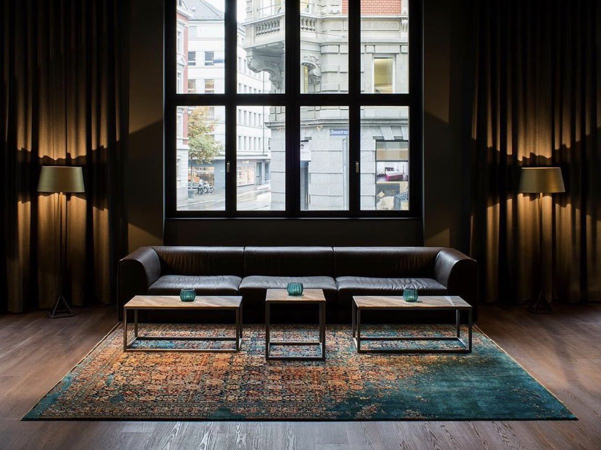 GharaLondon's tweet photo. Jan Kath’s Tabriz Canal Rocked rug design from the ‘Erased Heritage’ collection introducing colour and charm to @MotelOne’s Zurich location. 

#rug #rugdesign #rugdesigner #hoteldesign #hoteldecor #interiordesign #lobby #lobbydesign #lounge #luxurycarpets #handknottedrugs https://t.co/dAd7ctLjMD