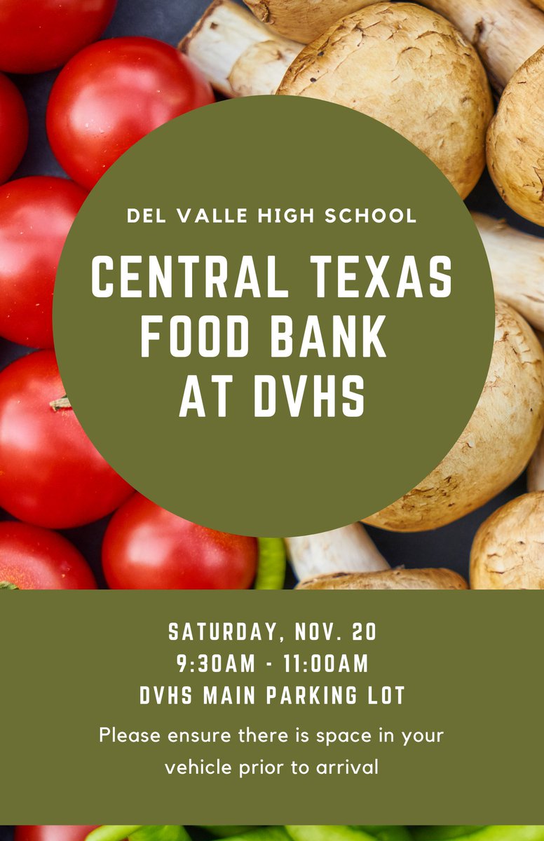 DVISD_DVHS's tweet photo. Reminder:  
@CTXFoodBank will be at Del Valle High School on Saturday, Nov. 20 from 9:30am-11am 

Recordatorio: 
@CTXFoodBank estará en Del Valle High School el sabado 20 de noviembre de las 9:30am - 11am
#FoodBank #DVPROUD https://t.co/YDYU2s9b8E