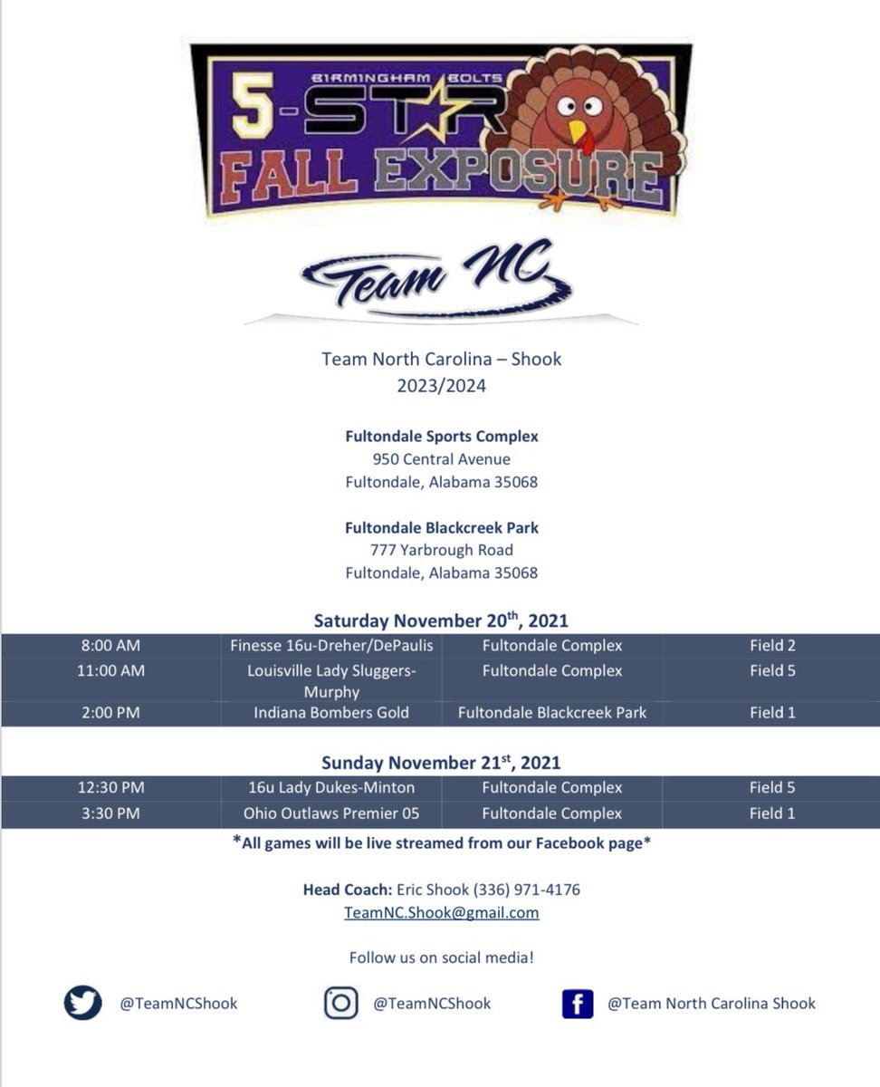 Team North Carolina Shook (@teamncshook) on Twitter photo **Updated schedule** for this weekend <a href="/Tbolts5Star/">Tbolts Fivestar</a>. Hope to see you there!!! #teamncshook #teamnc <a href="/TeamNCSoftball/">Team North Carolina Softball</a> **Updated schedule** for this weekend <a href="/Tbolts5Star/">Tbolts Fivestar</a>. Hope to see you there!!! #teamncshook #teamnc <a href="/TeamNCSoftball/">Team North Carolina Softball</a>