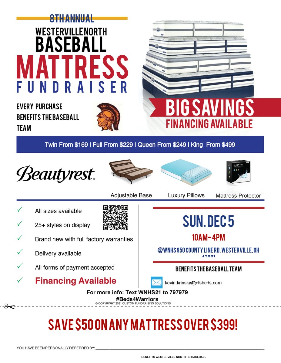 Need a new mattress? Check out the <a href="/wnhsbb/">Westerville North BB</a> Fundraiser on December 5th at WNHS. Great items available at great prices and support the North baseball program! #Beds4Warriors

#ALLN ⚾️🛏️