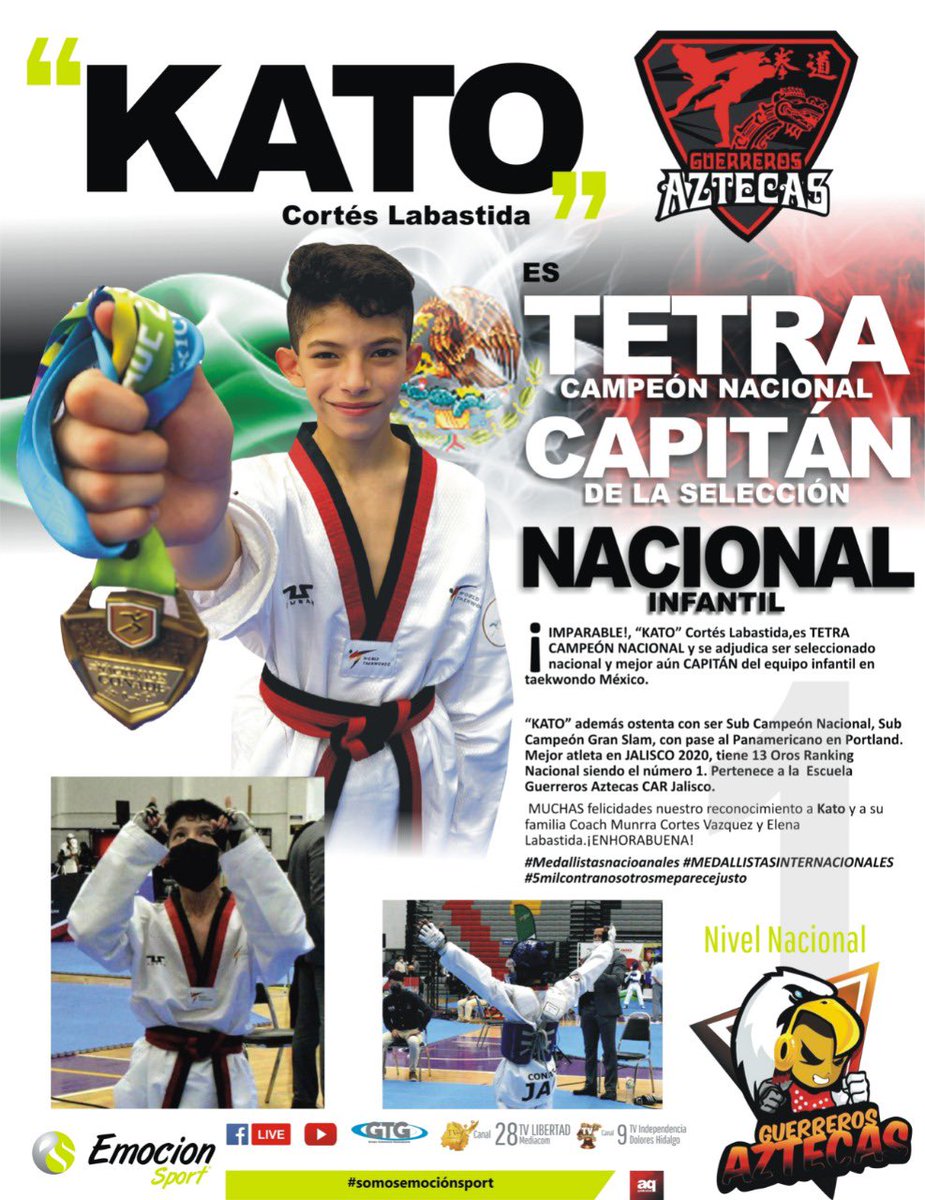 munrratkd's tweet photo. TETRA CAMPEÓN 🥇🥇🥇🥇NACIONAL, 13 oros ranking nacional 🥇🥇🥇🥇🥇🥇🥇🥇🥇🥇🥇🥇🥇🥇sub campeón nacional, 🥈sub campeón gran slam 🥈 pase a panamericano, capitán selección nacional infantil y oro en cadetes, patrocinado por daedo, kodo. @aztecas_tkd https://t.co/eTmTpXn7K7