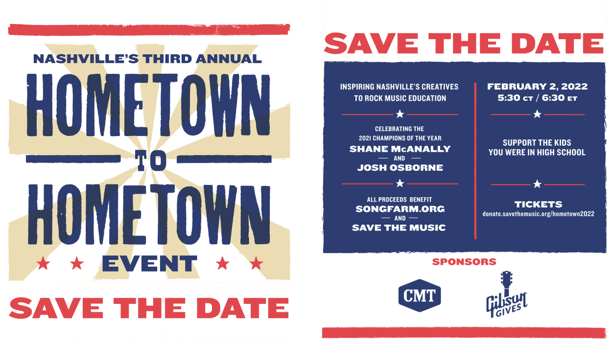 Save the date for STM &amp; <a href="/thisissongfarm/">SongFarm.org</a>'s Hometown To Hometown honoring <a href="/shanemcanally/">Shane McAnally</a> &amp; <a href="/ohmyjoshosborne/">Josh Osborne</a>! Hosted by <a href="/CMT/">CMT</a>'s <a href="/FramLeslie/">Leslie Fram</a>, the event will support music tech programs in high schools in the honorees' hometowns &amp; in Nashville. Get tickets now: donate.savethemusic.org/hometown2022