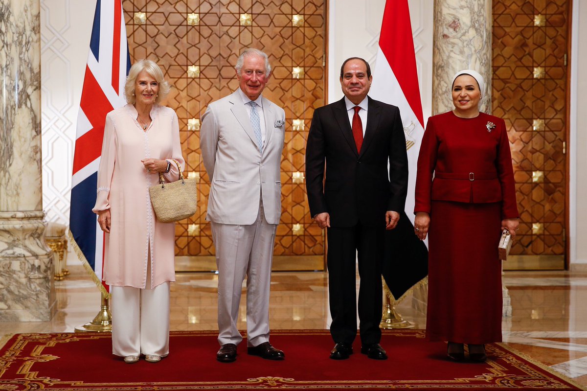 ClarenceHouse's tweet photo. A delightful welcome from The President and First Lady of Egypt at Al-Athadia Palace. https://t.co/HEI6Vcume7