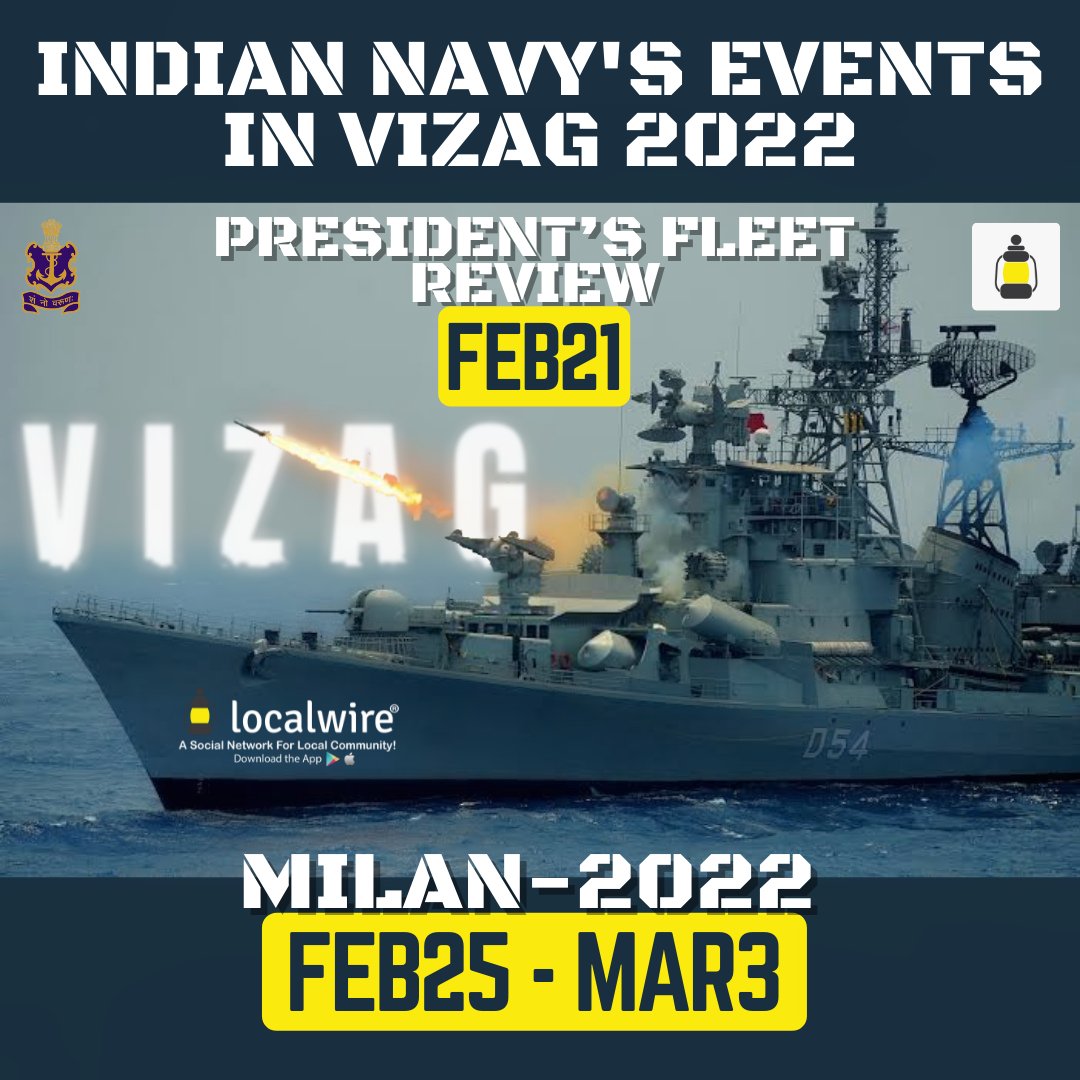 vizaglocalwire's tweet photo. Indian Navy's Events in Vizag.
#MILAN2022 #PFR2022 #PresidentFleetReview2022 #Vizag #Visakhapatnam #AndhraPradesh #LocalwireApp #Localwire #india https://t.co/9BwihDRx7E