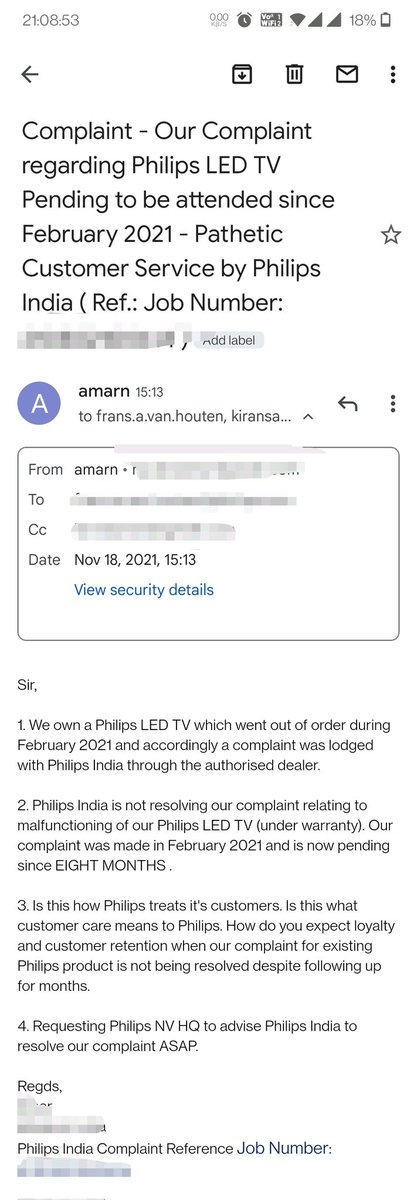 <a href="/FransAvanHouten/">Frans van Houten</a> 
We own Philips LED TV. The said TV went bad in Feb 2021. Complaint was lodged with Philips India in Feb 2021. As per Philips India, part is not available. RESULT: Our TV yet to be serviced, despite being under warranty &amp; complaint pending fr 8 Months. Can u help