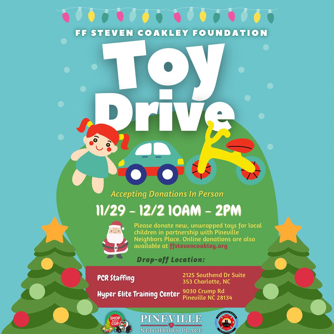 ffstevencoakley's tweet photo. We are so excited to announce that we are partnering with Pineville Neighbors Place to collect toys and funds to support their Shop with a Cop program for the holidays! 

(Thread 1/2) https://t.co/O19PZlqSv1