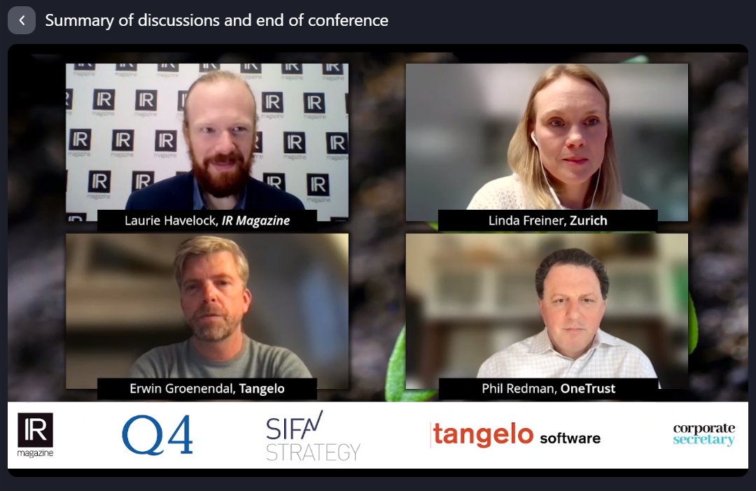 tangelosoftware's tweet photo. Thanks all for joining the panel discussion with Tangelo's @erwingroenendal about 'The Future of #ESGreporting'. We look forward to continuing this discussion with you. 

Stay tuned for more posts about #ESGreporting. 

#investorrelations #sustainability https://t.co/g7wX9nKThV