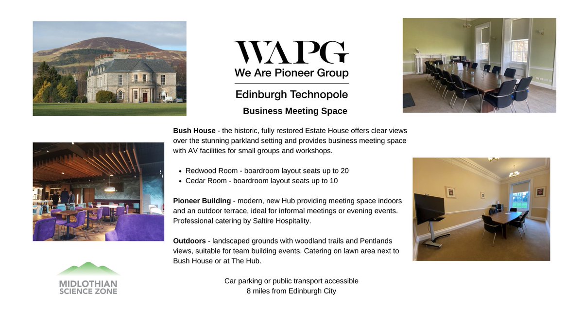 A refreshing change to virtual #meetings. Set in stunning parkland surrounds, historic Bush House on <a href="/EdinTechnopole/">EdinburghTechnopole</a> offers high quality meeting rooms. For more informal space, The Hub has indoor and outdoor seating - and a great menu! midlothiansciencezone.com/science/edinbu… #parklife #inthezone