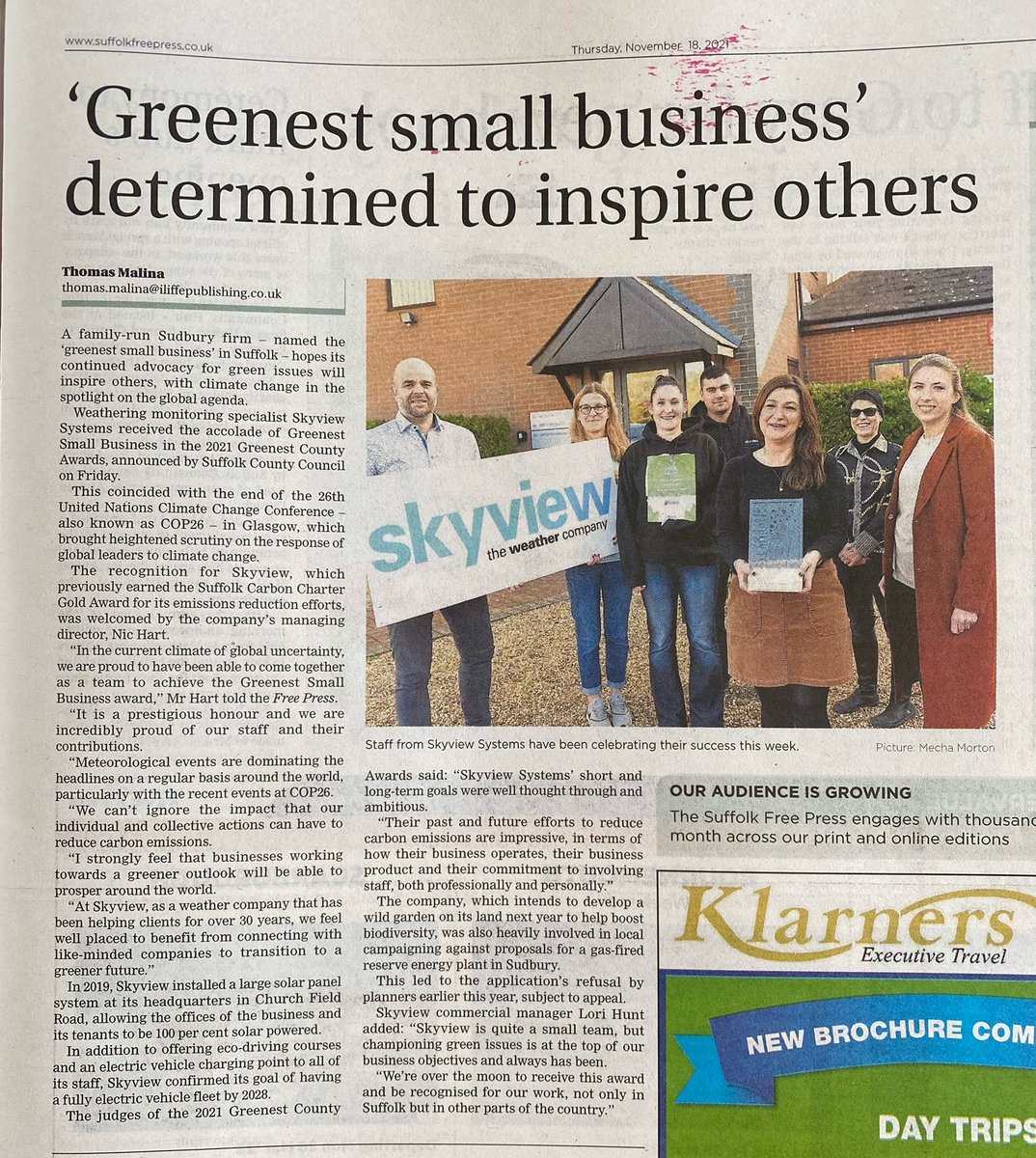 We're making headlines here at Skyview! Excited to be featured in this week's Suffolk Free Press <a href="/GreenSuffolk/">Creating The Greenest County - Suffolk 🍃</a> 🙌🌿 Thank you for the write up on our Greenest Small Business award win! 
#GreenestSmallBusiness #GreenSuffolk #NetZeroSuffolk  #GreenestCountyAwards #greenestcounty