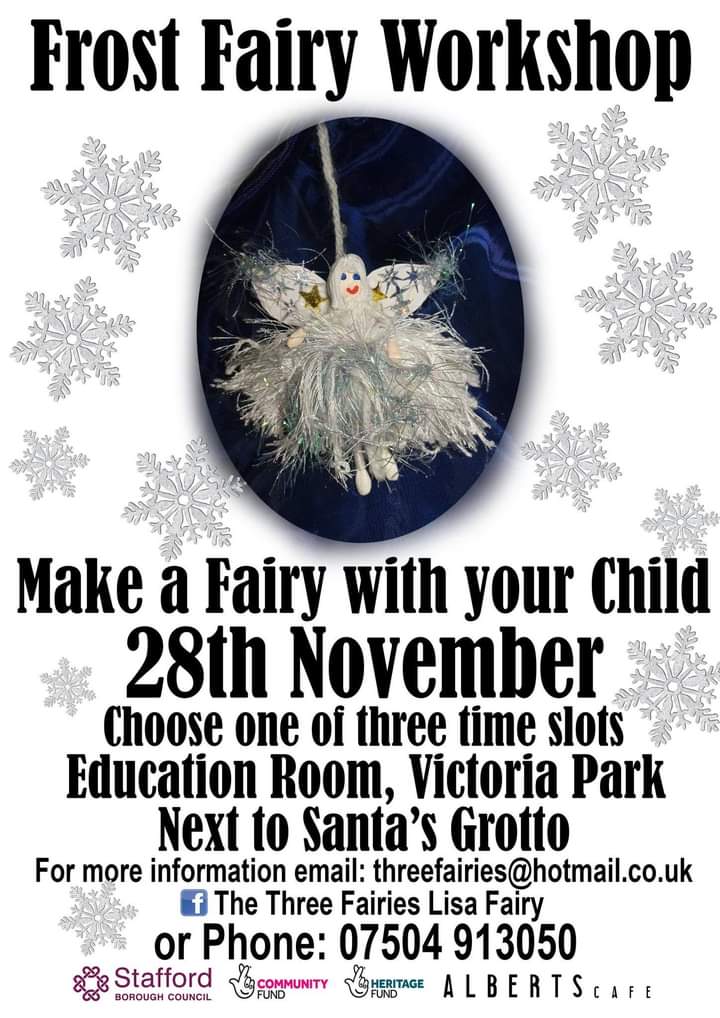 So exciting children's Frost Fairy making Workshop's coming soon With The Three Fairies Lisa Fairy at Victoria Park Stafford on Sunday 28th Nov direct message for more info £10 per fairy made please book to attend.