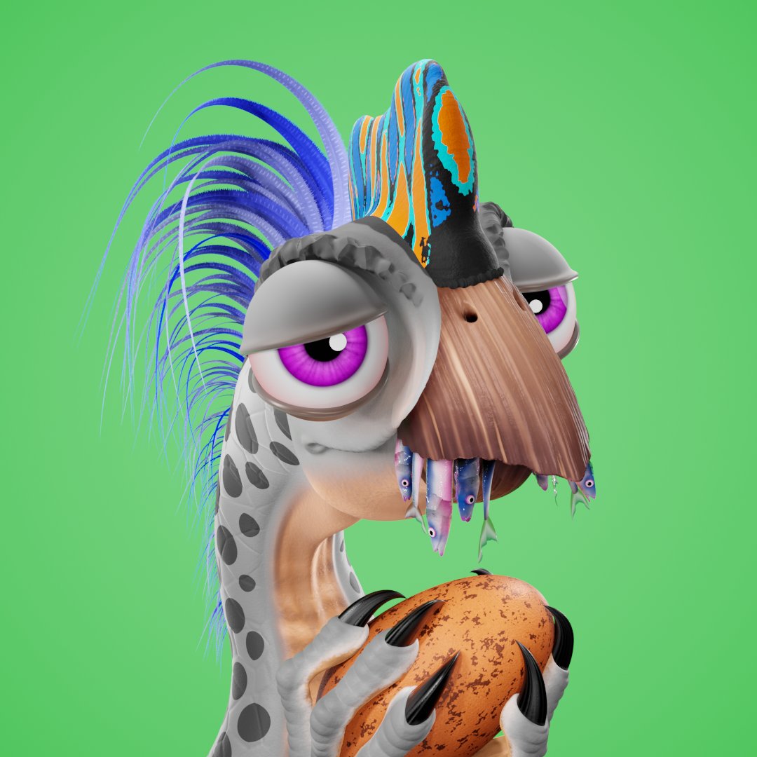 Oviraptor #318 is hypnotized by all the amazing art in the metaverse and has completely forgotten to finish his meal, now available for 0.05Ξ.🐟🦖 #nftart #NFTCommunity #nftcollectors #NFTcollectibles  opensea.io/assets/0x495f9…